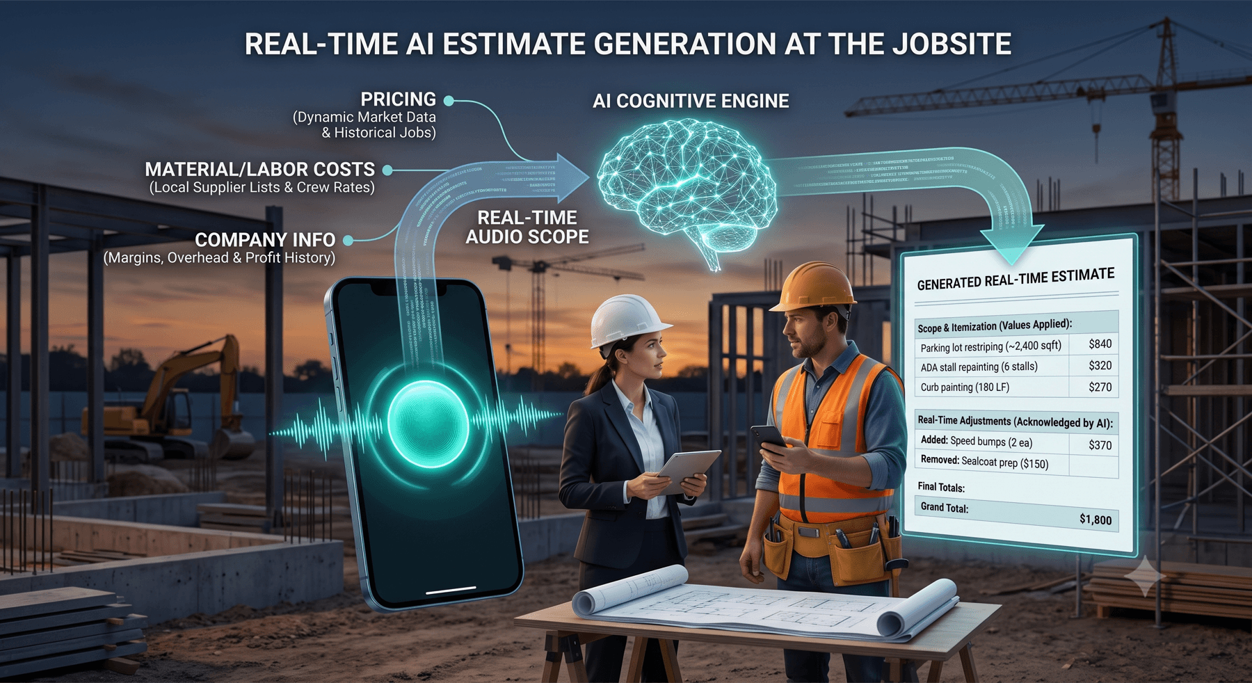 Pricing, material and labor costs, and company info flowing into CallScope to generate a real-time estimate on the jobsite